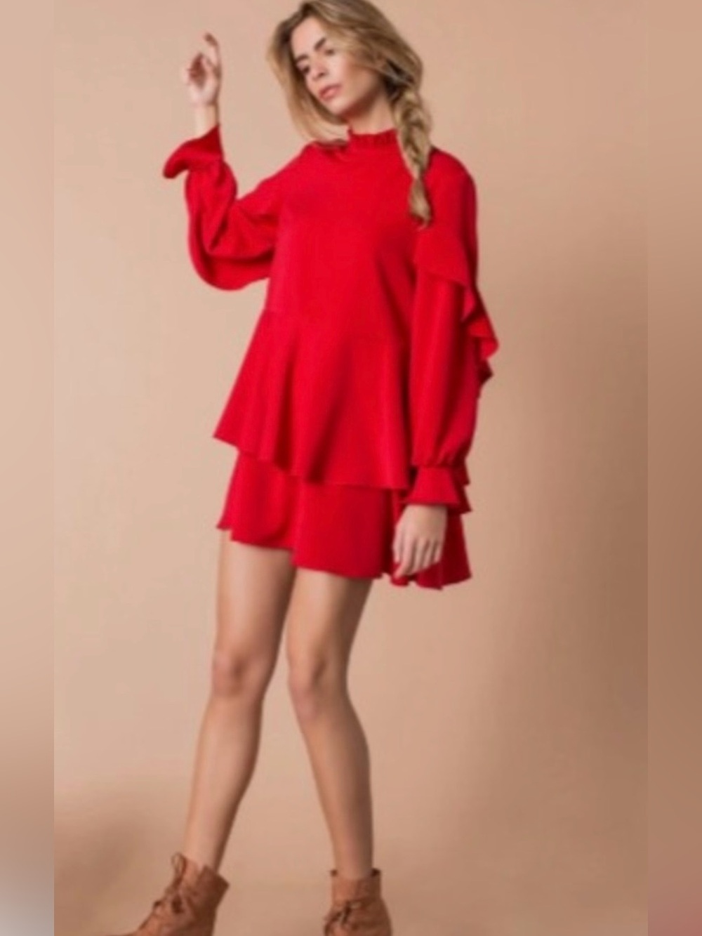 JOVANNA LONDON Red Tiered Ruffle Long Sleeve Mini Dress